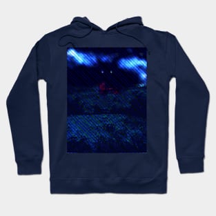 Digital collage and special processing. I am standing in field, and big, dark monster looking on me. Red and blue, dotted blue lines. Hoodie